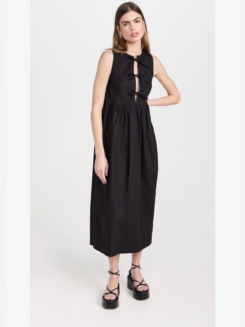 Ganni Poplin Midi Dress Sleeveless Tie-Front, 100% Organic Cotton, Black